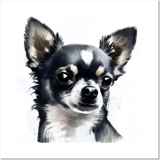 Black and White Chihuahua Watercolor Portrait Posters and Art